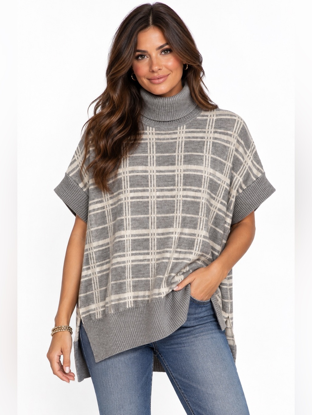 Karen Millen Grey and Cream Plaid Turtleneck Short-Sleeve Sweater